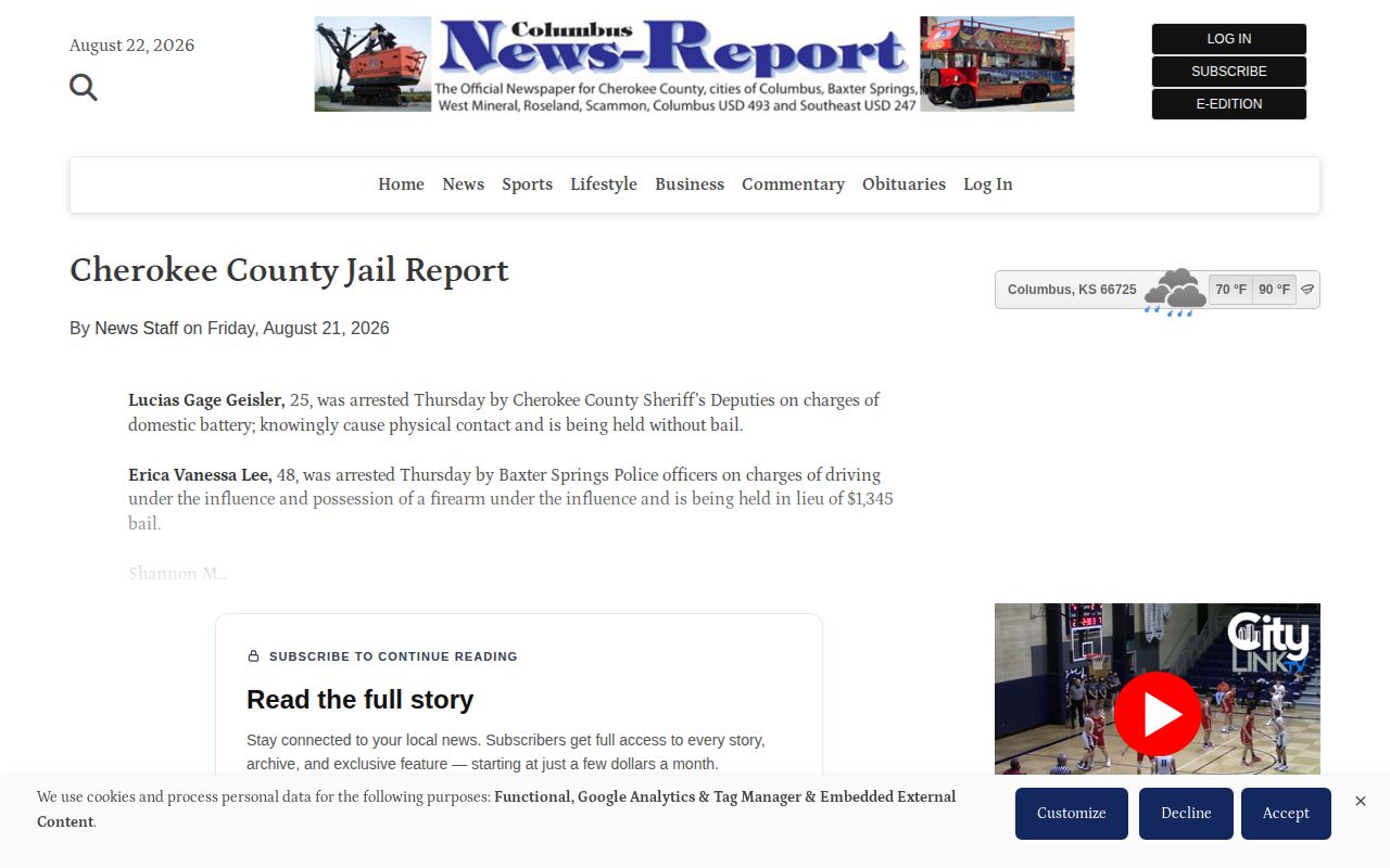 Cherokee County local jail arrest news report