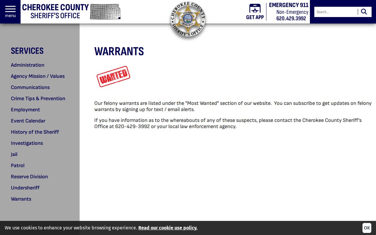 Cherokee County felony warrant policy and tip contacts